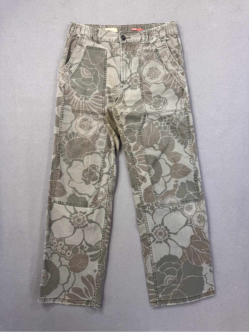 Pilcro by Anthropologie Army Green Floral Utility Pants,Straight Leg Cropped, 28